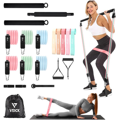VEICK Pilates Bar Kit with Resistance Bands (Light Pink)